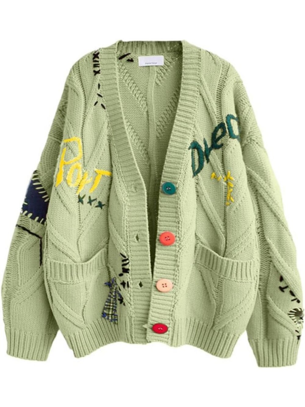 Cozy Women's Cable Knit Open Front Cardigan, V-Neck Button Down, Embroidered